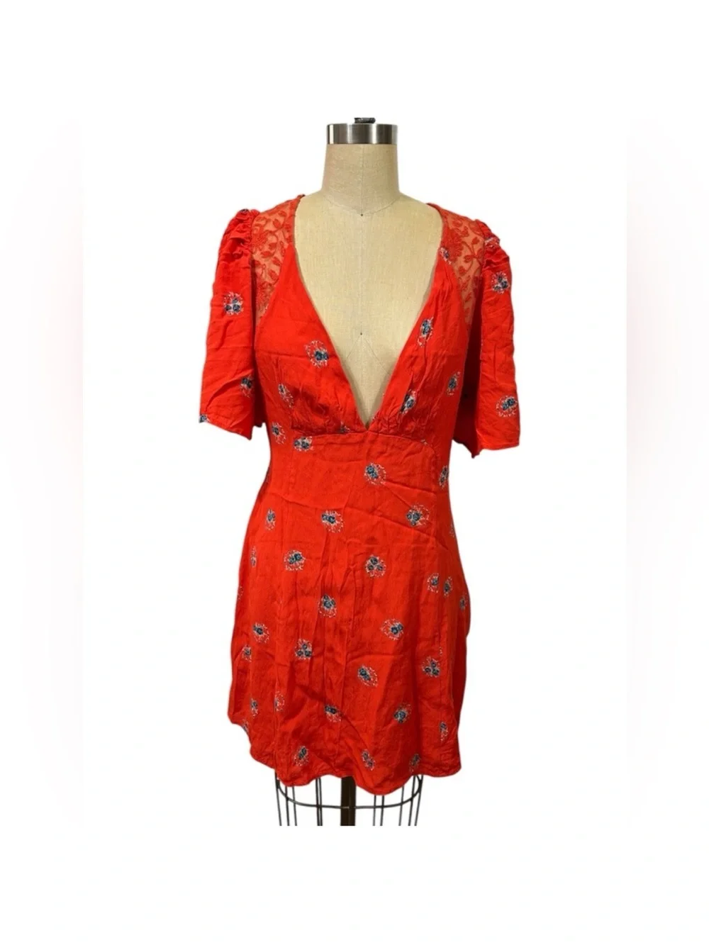 FREE PEOPLE Women Mocking Bird Backless Coral Red Lace Floral Mini Dress size 12 - Picture 6 of 15